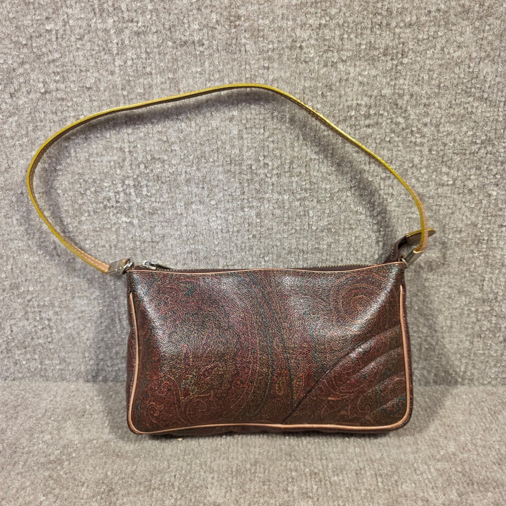 Etro Milano Paisley Coated Canvas Small Shoulder Bag Brown Leather Trim Italy